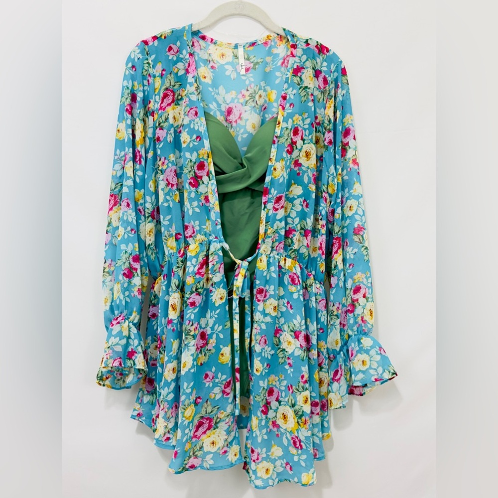 Baby Blue Floral Semi-Sheer Long Sleeve CoverUp/Lingerie Open Front Tie-…